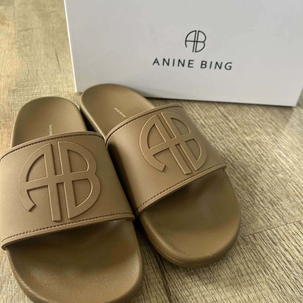 Anine Bing Tan Logo Slide Sandals